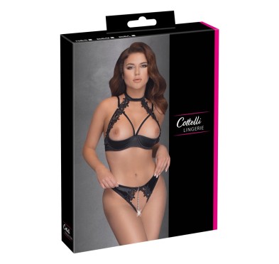 Cottelli LINGERIE - Seksowne Stringi Bez Krocza I Biustonosz Bez Miseczek Z Kwiatowym Haftem 80B/M